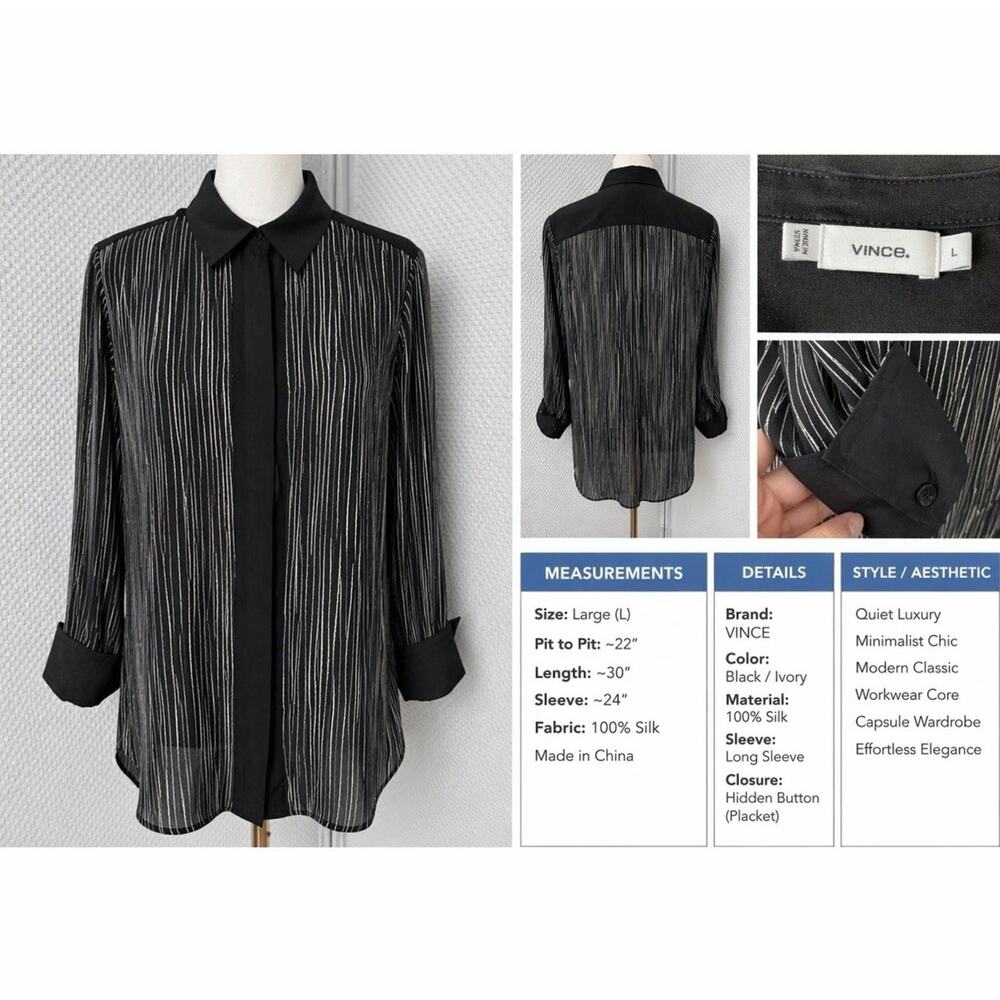 Vince Black White Striped Silk Long Sleeve Blouse Large